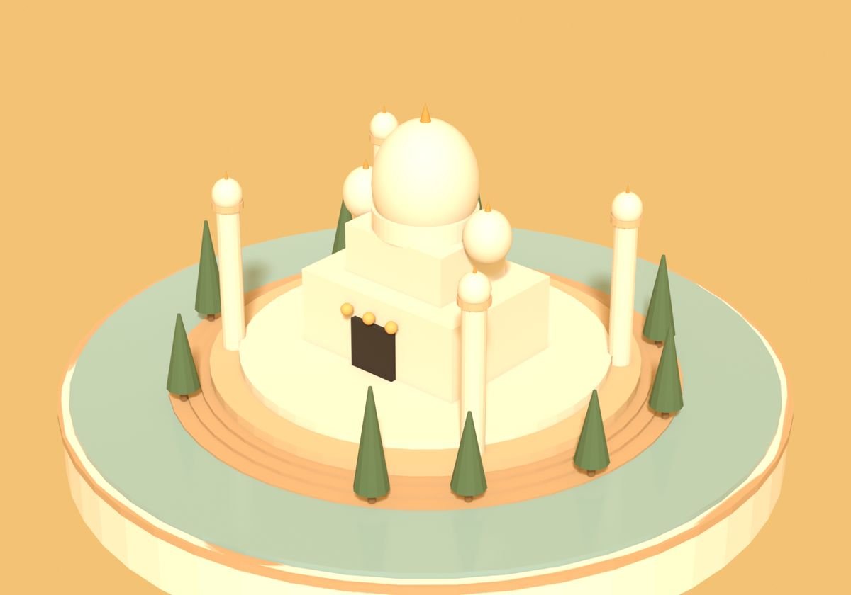 A miniature domed palace on a lake, ringed by cypresses