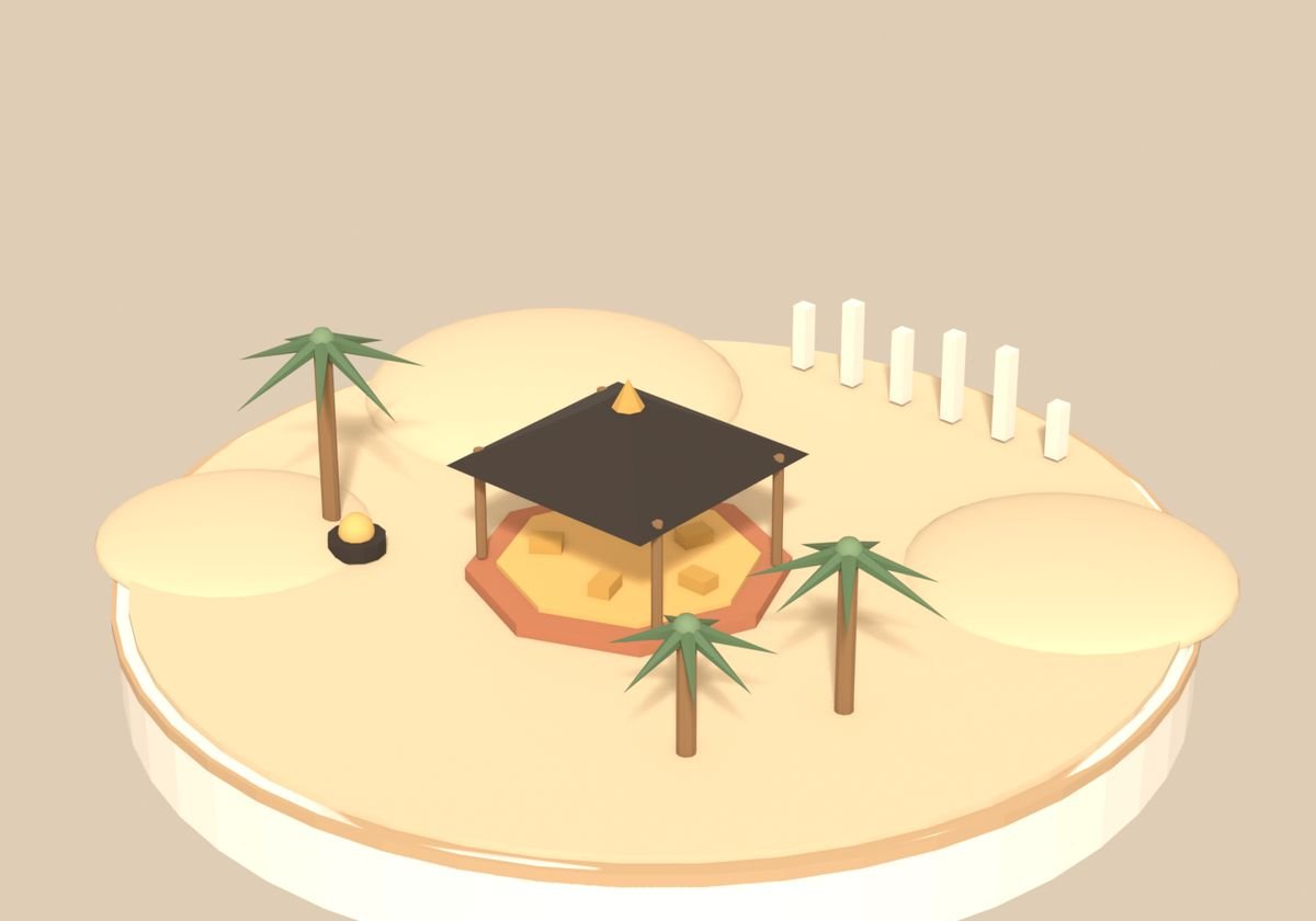 A miniature desert majlis under a black canopy, with palms and a distant skyline