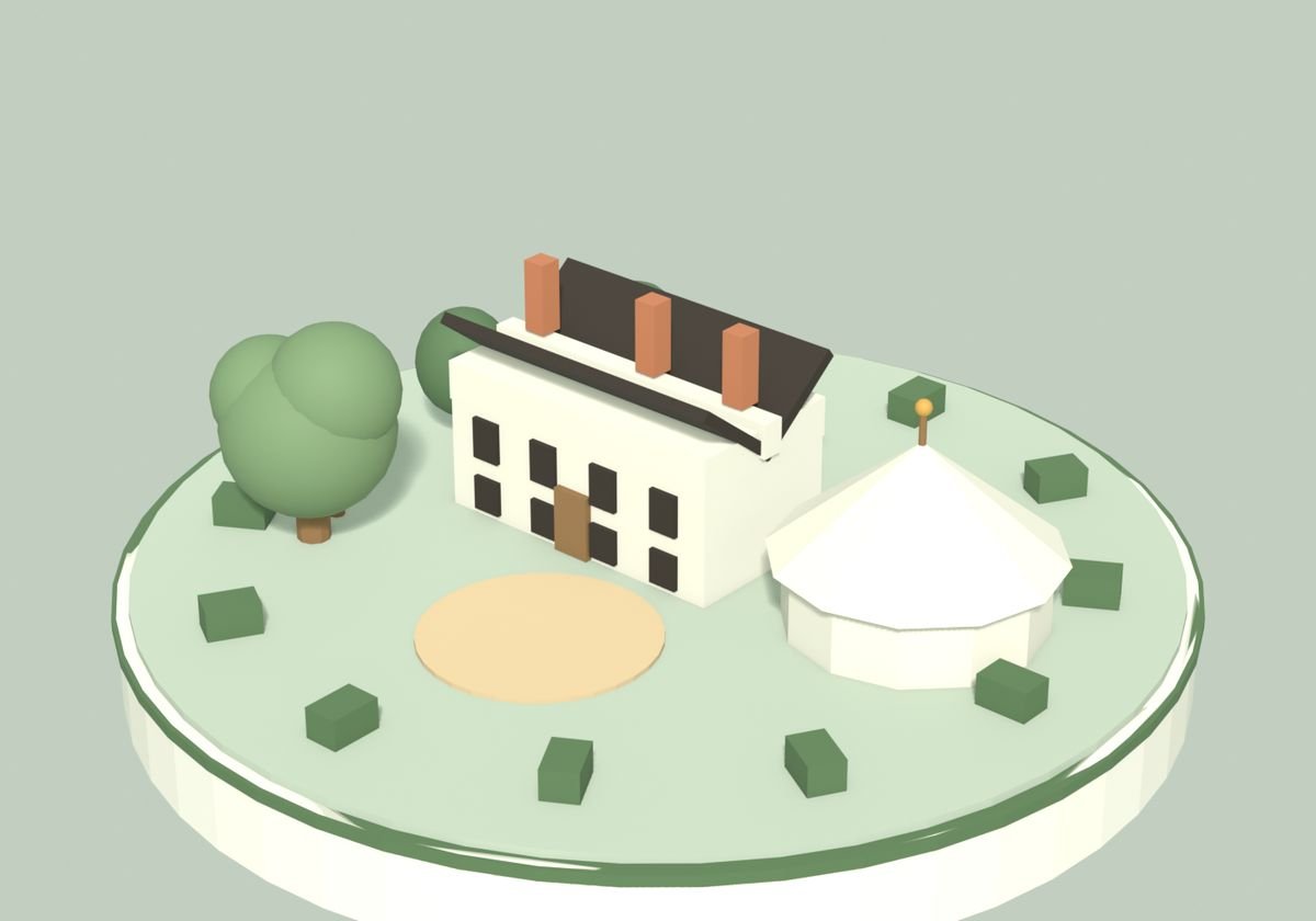 A miniature country manor with a marquee on a lawn